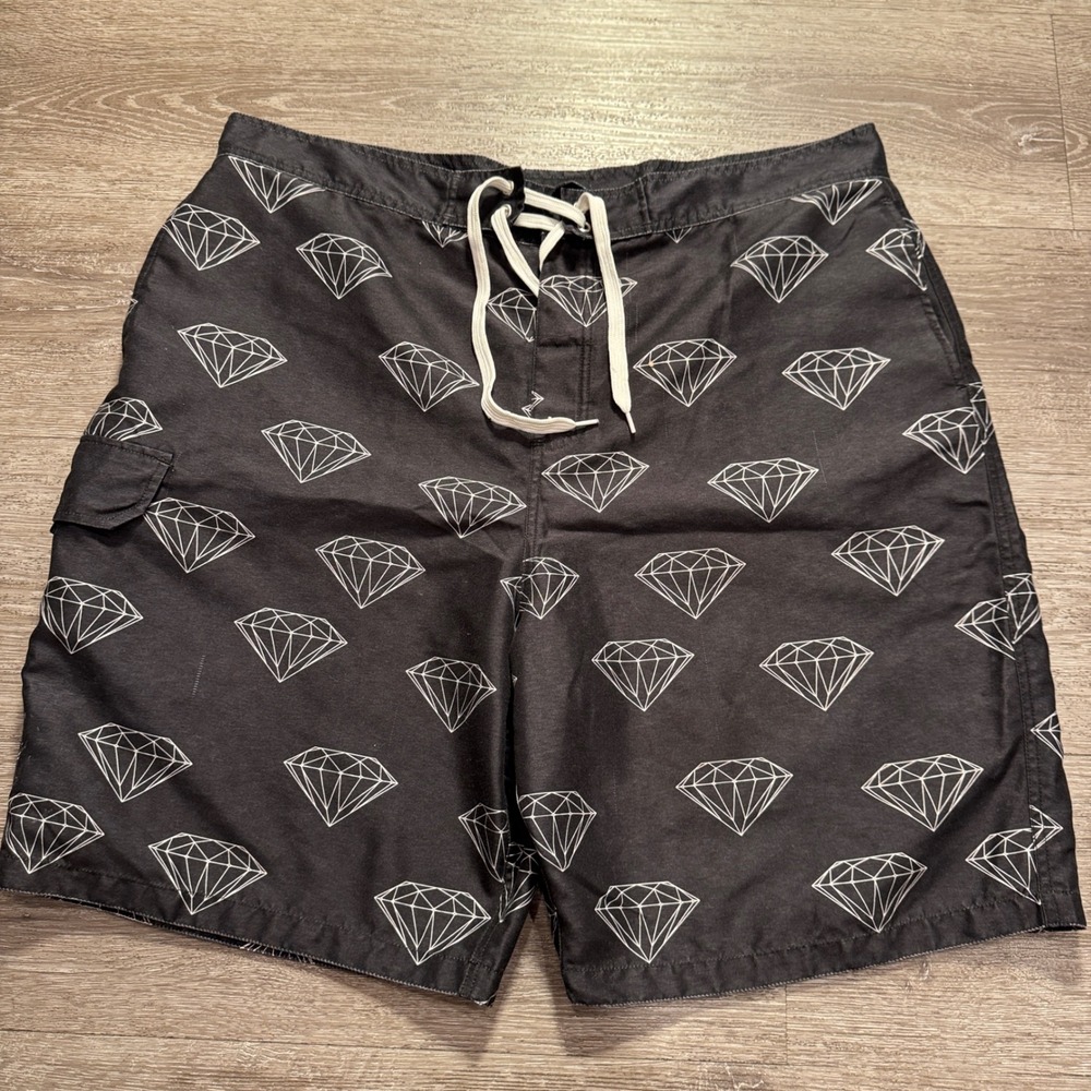 Diamond Supply Co Board Shorts Mens 36 Black Diamond Print Beach Skate Swim